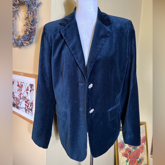 JUDITH HART Size 14 Green Velvet Blazer 2 Rhinestone Buttons Holiday Cotton $139 - Picture 4 of 12